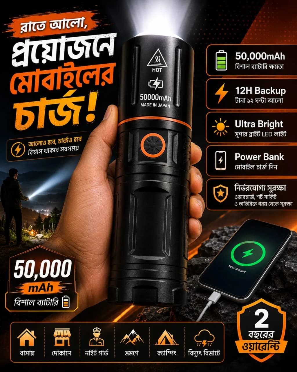 MST 3-in-1 Heavy-Duty Rechargeable Torch Light with Power Bank